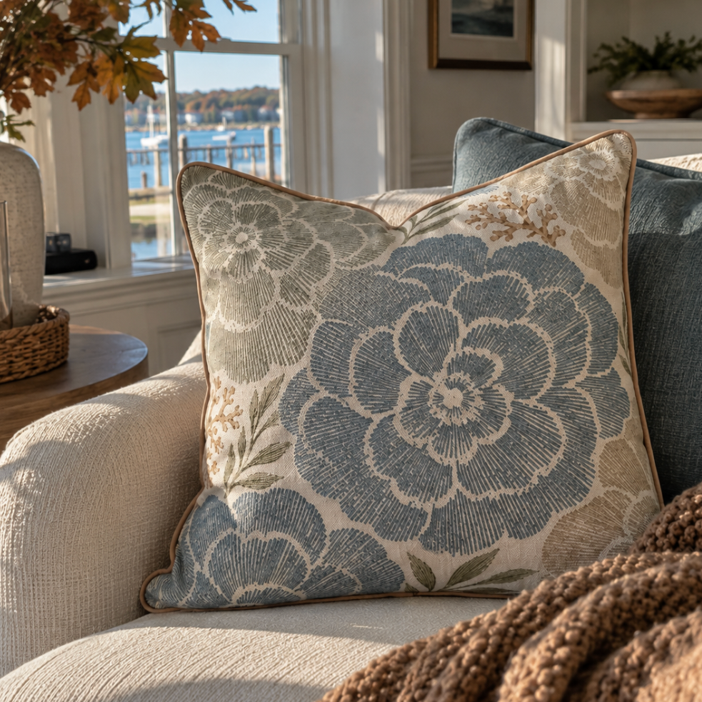 Traditional floral accent pillow with a tan piped edge layered with a blue-gray pillow
