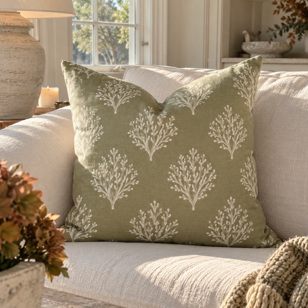 Sage green throw pillow featuring a delicate white coral branch pattern.