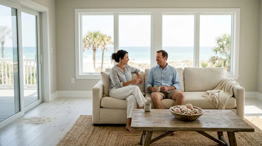 Coastal elegant farmhouse living room scene