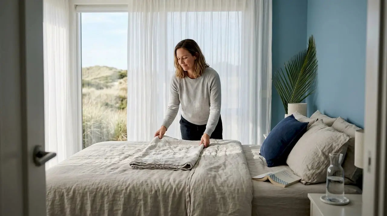 Woman arranging linen in coastal bedroom