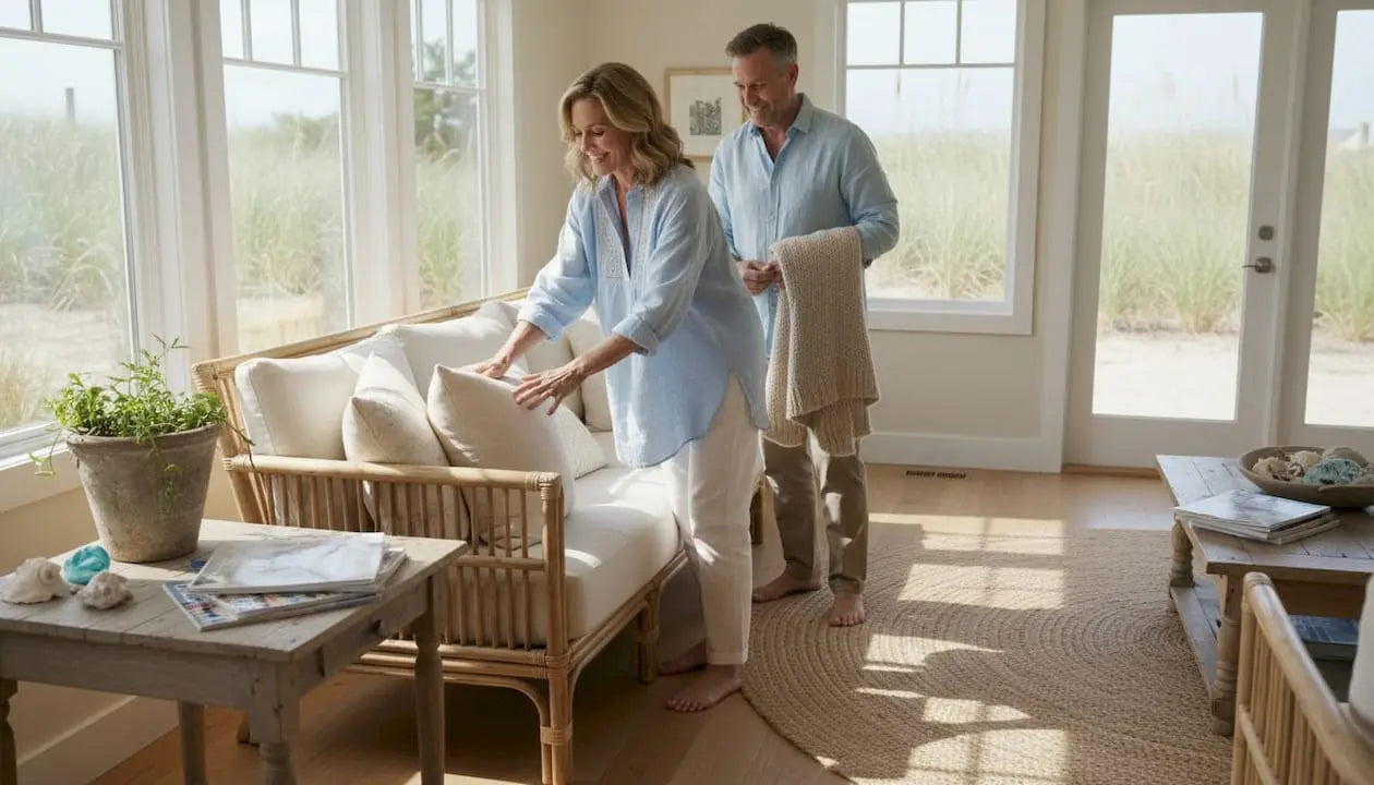Couple arranging pillows in coastal living room