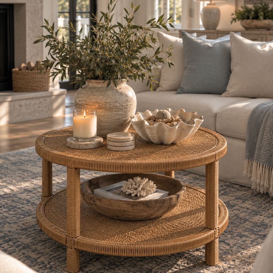 Coastal cottage round rattan table for a beach house, sunroom, or relaxed sitting area
