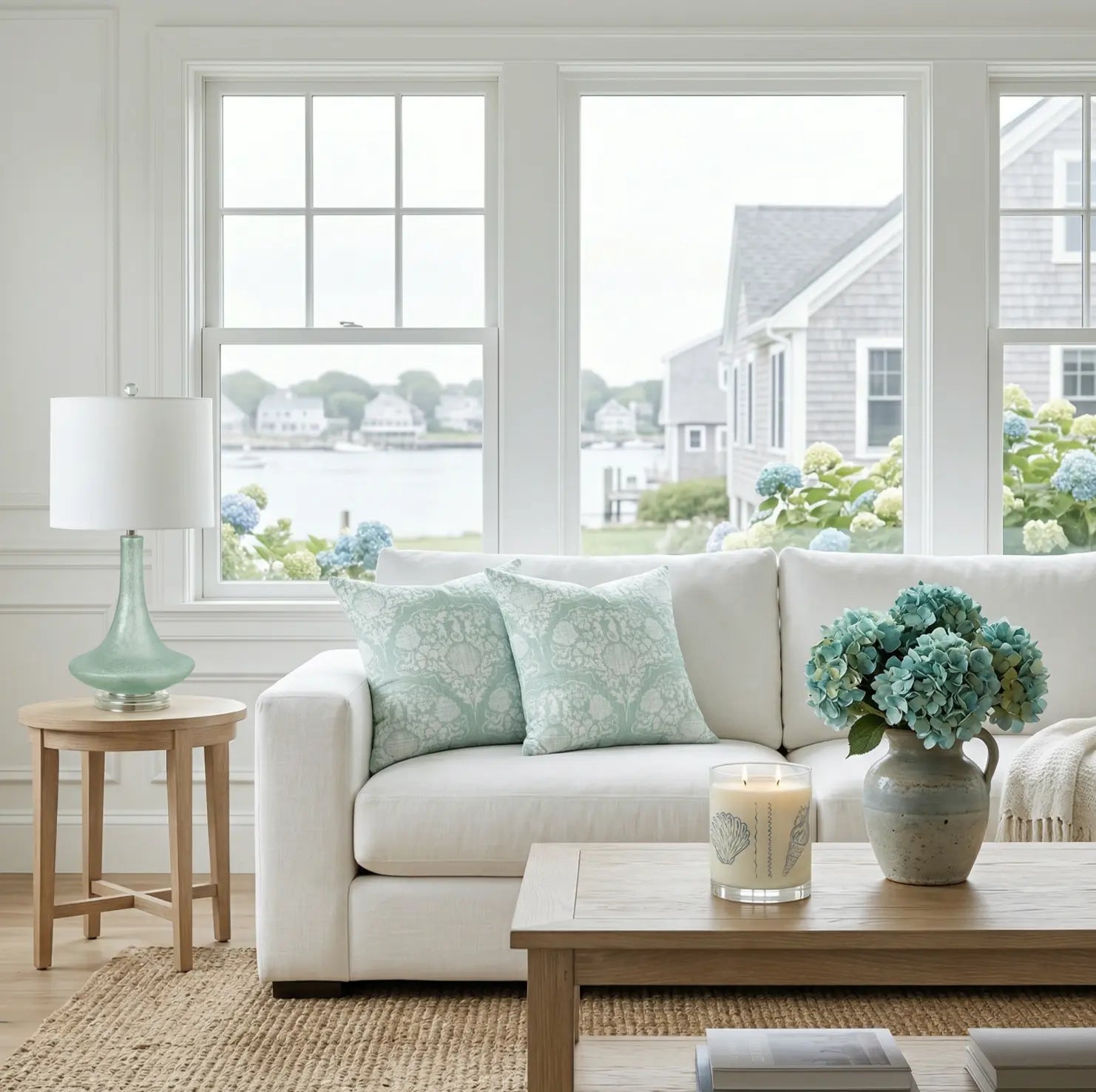 Throw pillows on a white sofa in a bright coastal living room with ocean-view windows and a fireplace.