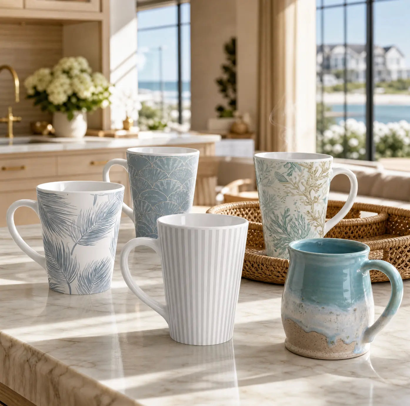 Assorted coastal coffee mugs with florals, palms, seashells, and abstract designs arranged together as a collection