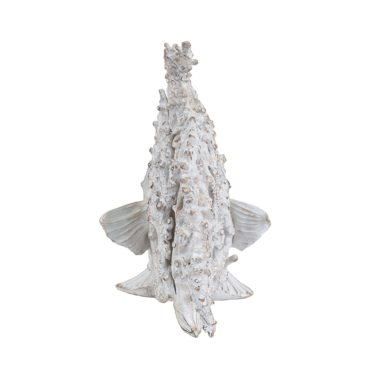 Eleven-inch-wide decorative angelfish sculpture in distressed white with beige undertones.
