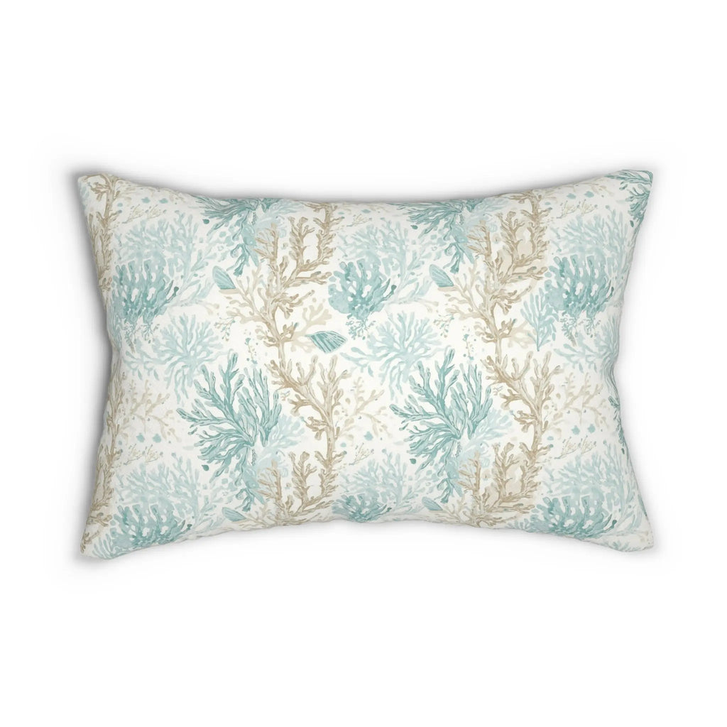 Coral Cove Lumbar Throw Pillow with aqua coral motif in teal and beige on light background.