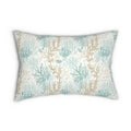 Coral Cove Lumbar Throw Pillow with aqua coral motif in teal and beige on light background.