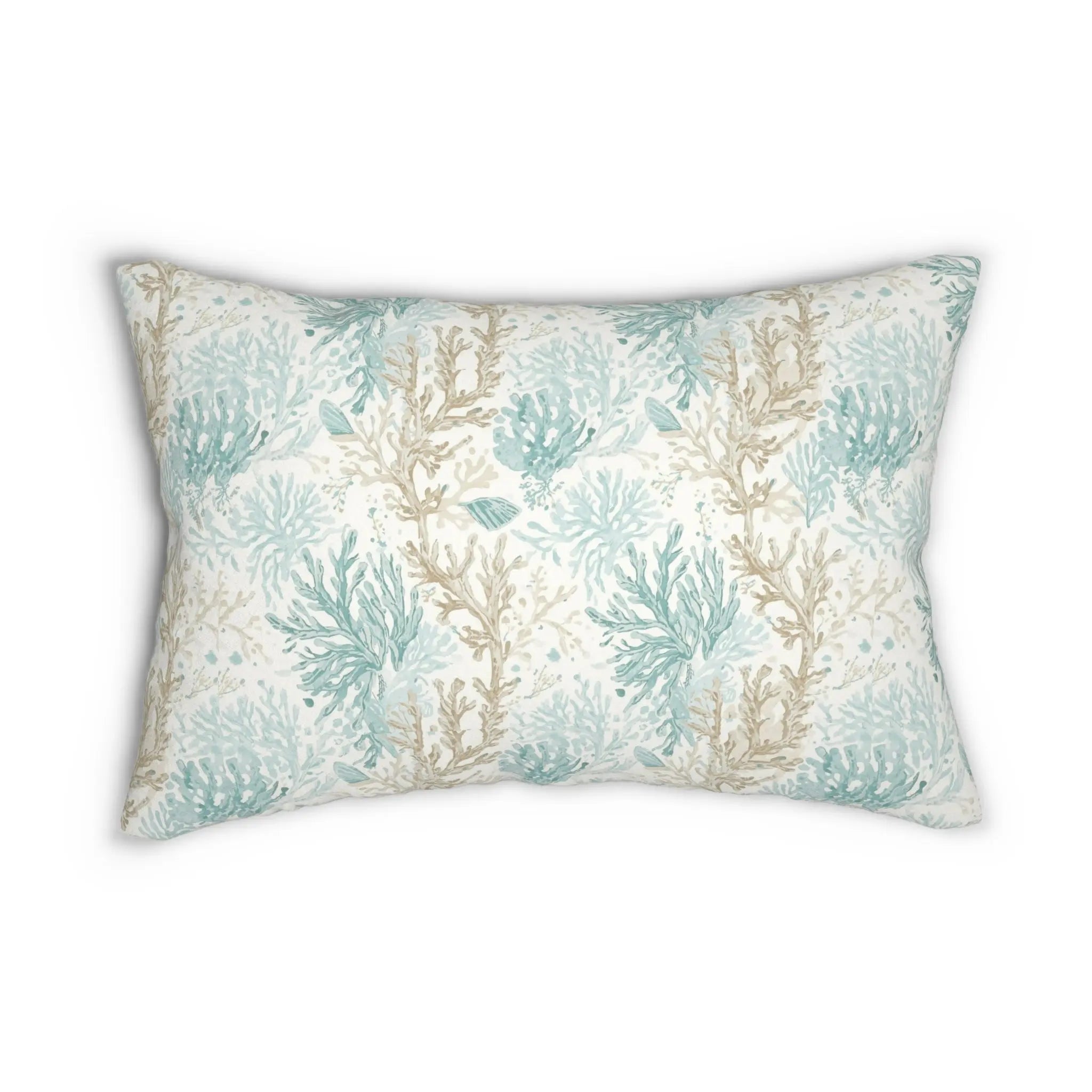 Coral Cove Lumbar Throw Pillow with aqua coral motif in teal and beige on light background.