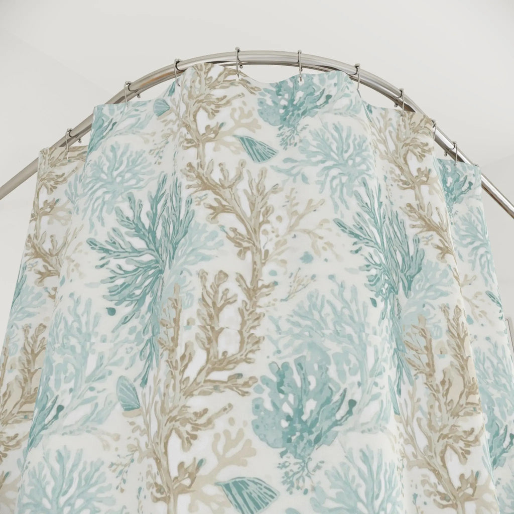 Light Aqua Coral Reef Shower Curtain featuring teal, aqua, and sandy coral reef patterns on white.