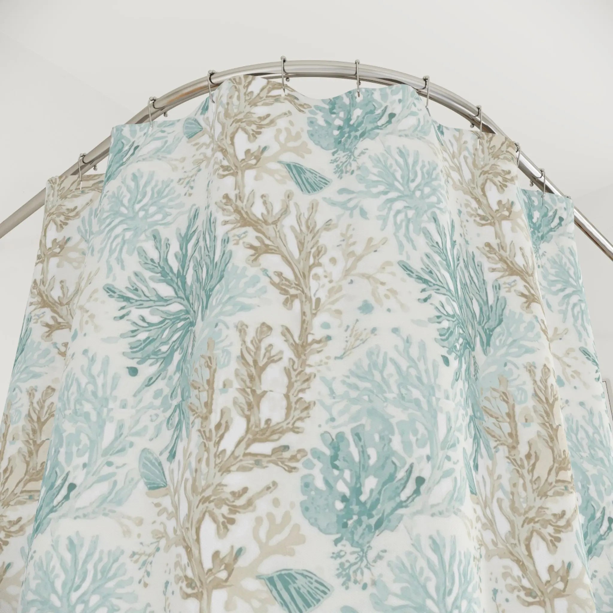 Light Aqua Coral Reef Shower Curtain featuring teal, aqua, and sandy coral reef patterns on white.
