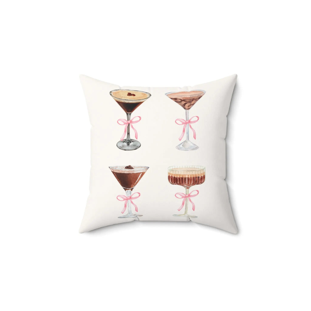 Coquette Espresso Martini Throw Pillow featuring four cocktail glasses adorned with pink ribbons on a white background.