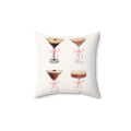 Coquette Espresso Martini Throw Pillow featuring four cocktail glasses adorned with pink ribbons on a white background.