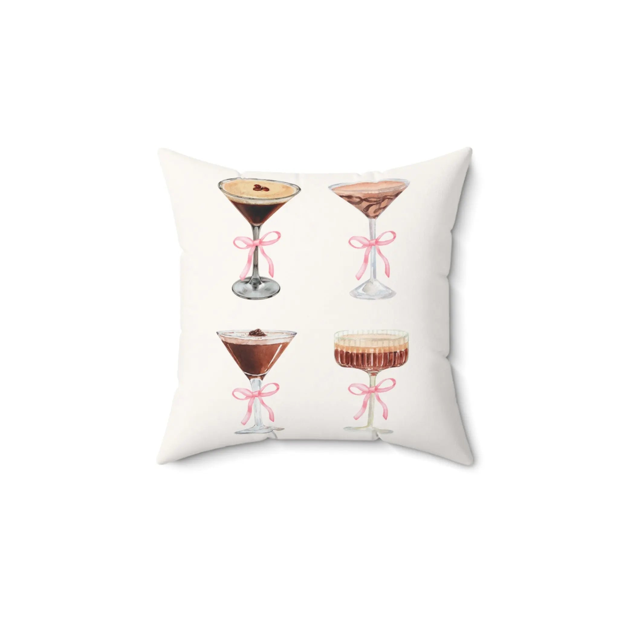 Coquette Espresso Martini Throw Pillow featuring four cocktail glasses adorned with pink ribbons on a white background.