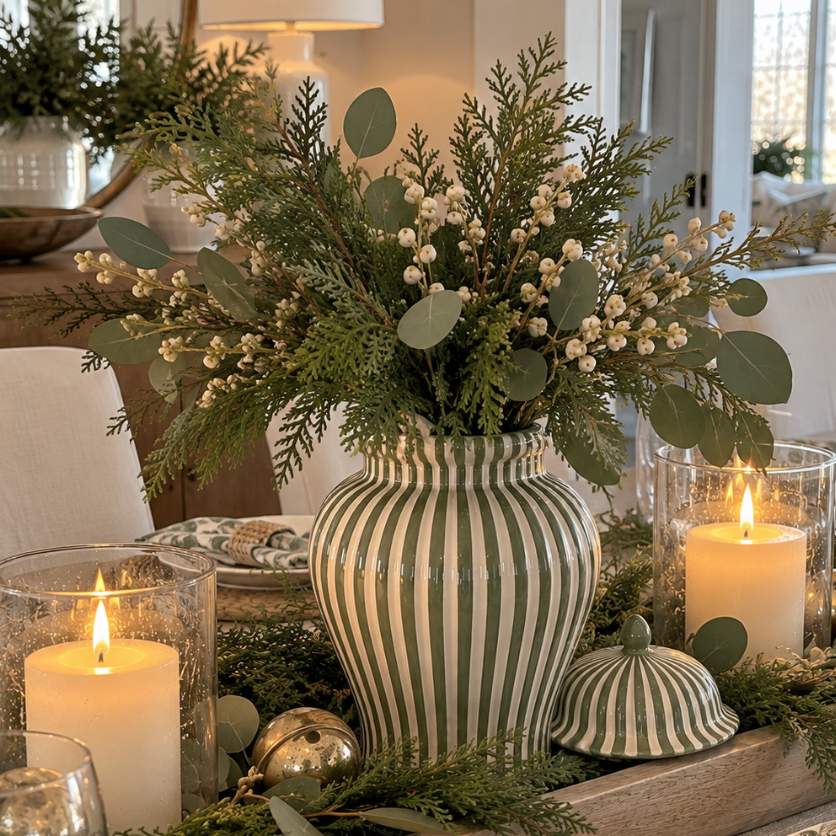 Tall green and white vertical striped ceramic vase with a rounded body and decorative lid.