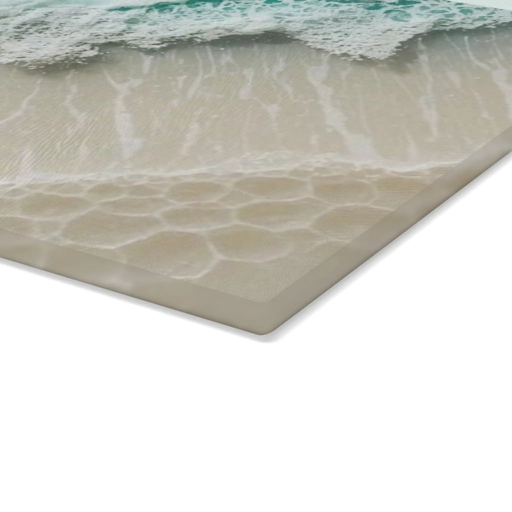 Coastal Wave Glass Cutting Board with a beach-inspired ocean pattern on tempered glass, textured surface.