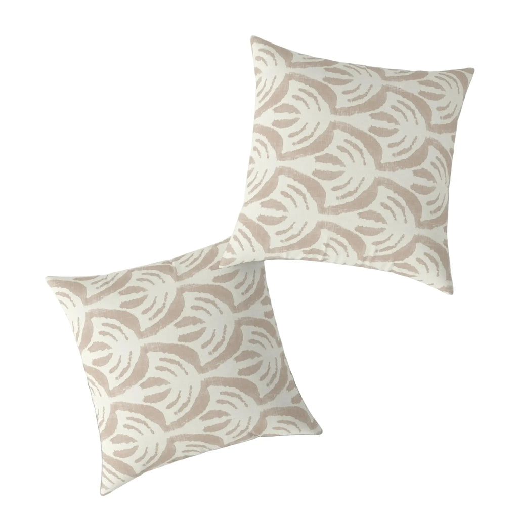Sienna Throw Pillow pair in boho neutral cream and beige with a hand-drawn fan motif.