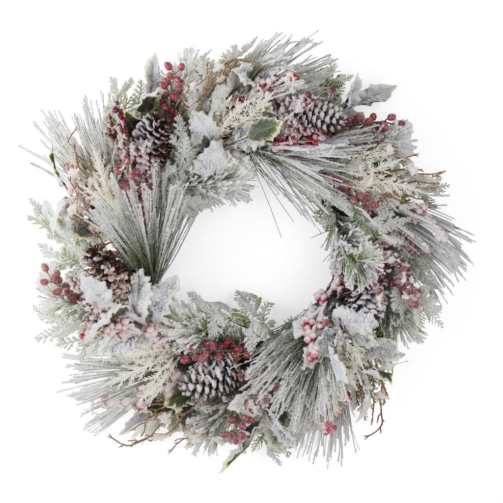 30-inch frosted pine Christmas wreath decorated with pinecones and red berries.