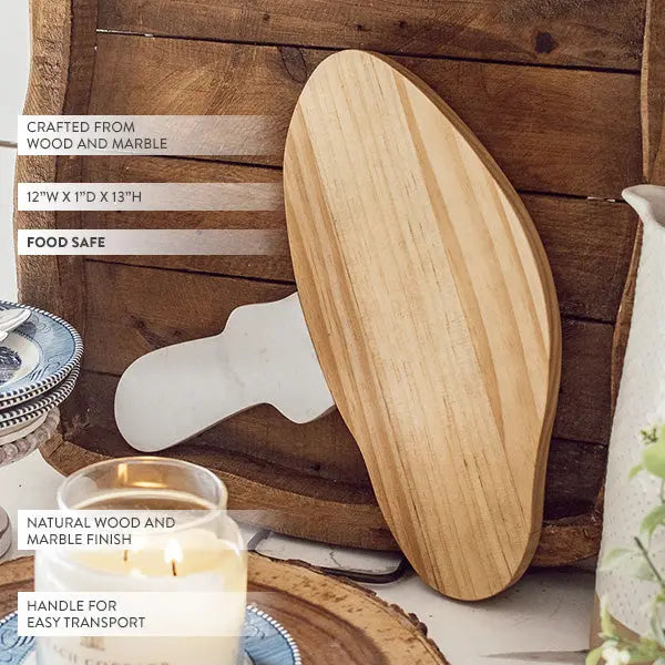 Marble and Wood Mushroom Cutting Board with natural wood and marble finish, 12W x 1D x 13H, handle for easy transport.
