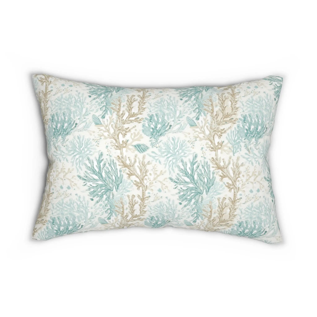 Coral Cove Lumbar Throw Pillow with aqua coral motif in beige and aqua on a white background.