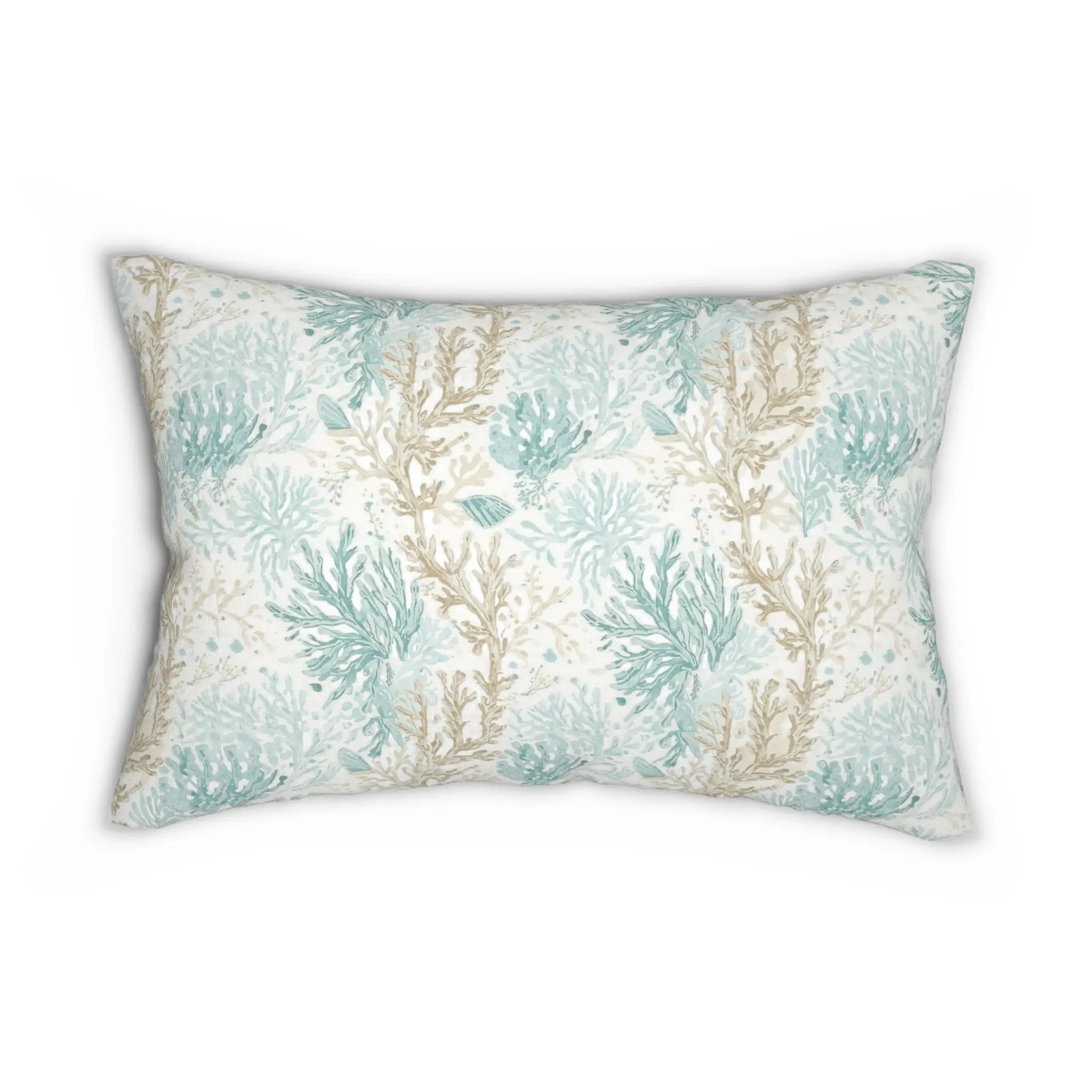 Coral Cove Lumbar Throw Pillow with aqua coral motif in beige and aqua on a white background.