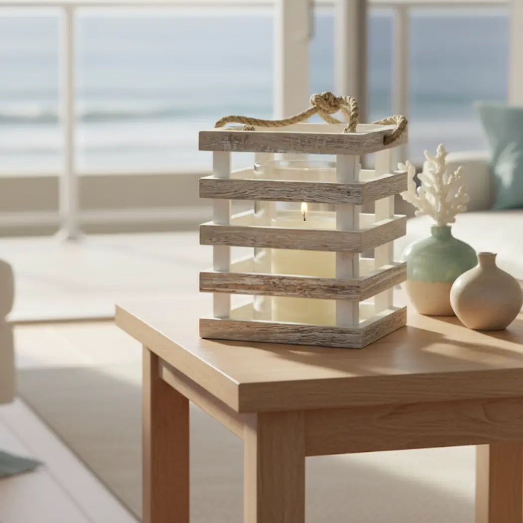 Coastal Wood Candle Holder with Glass Cylinder EasyOptionXY LLC