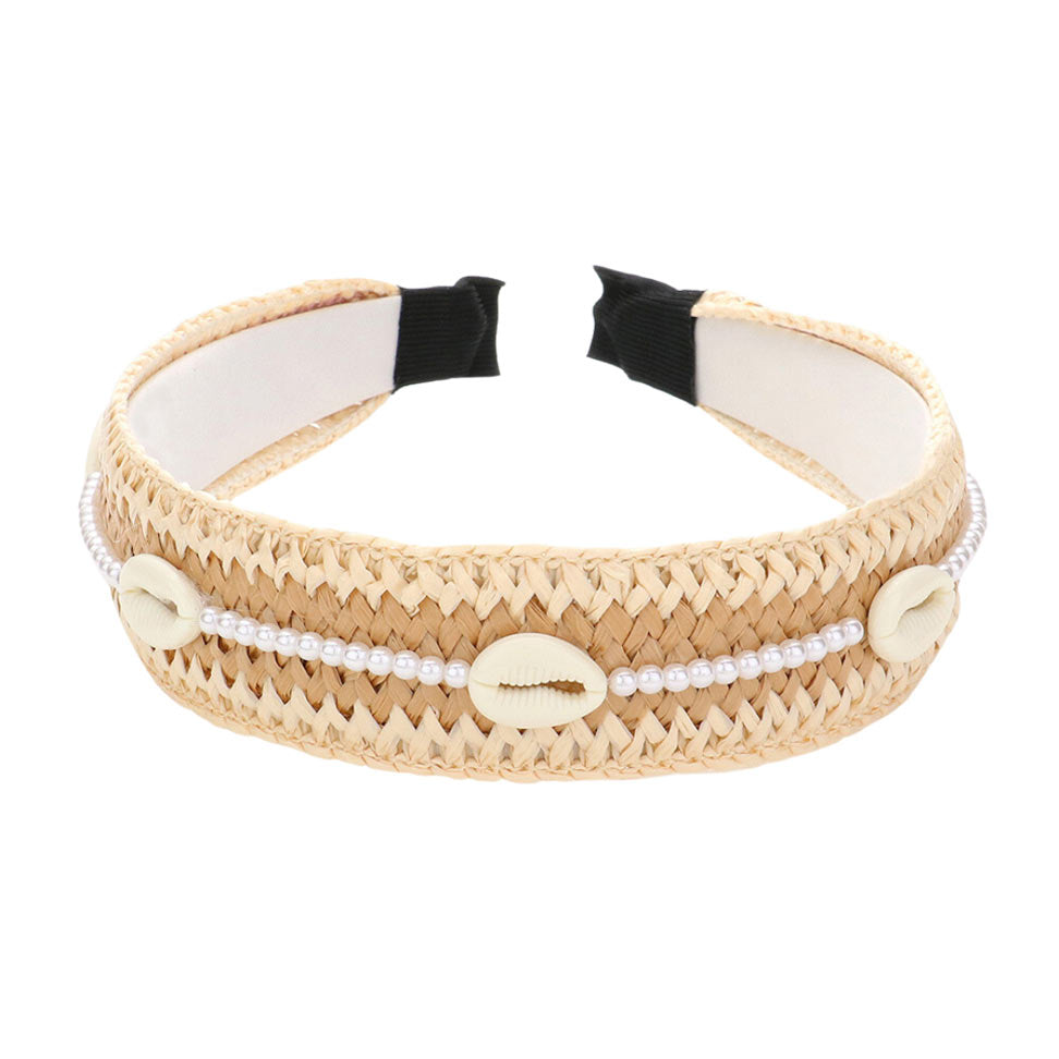 Pearl Puka Shell Embellished Woven Straw Headband  Headbands