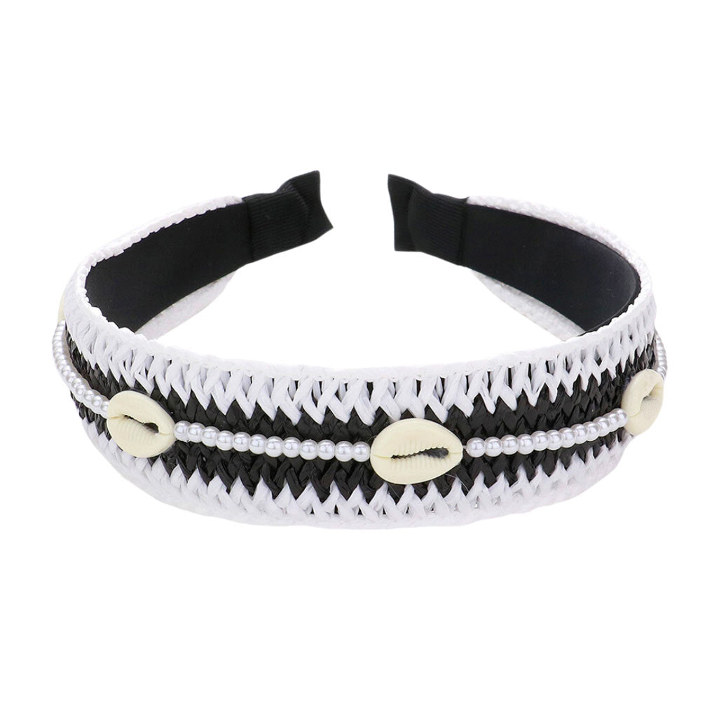 Pearl Puka Shell Embellished Woven Straw Headband  Headbands