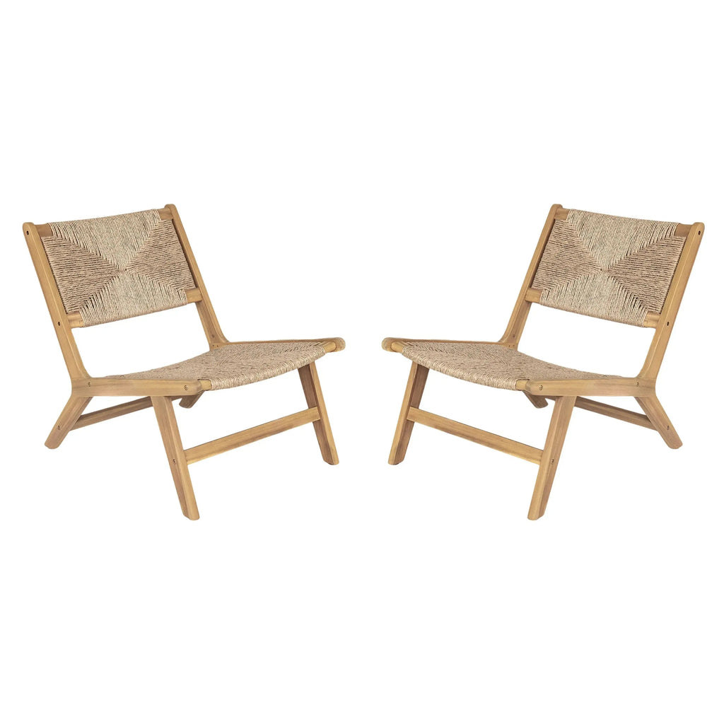 Pair of acacia wood outdoor armless lounge chairs in light teak finish.