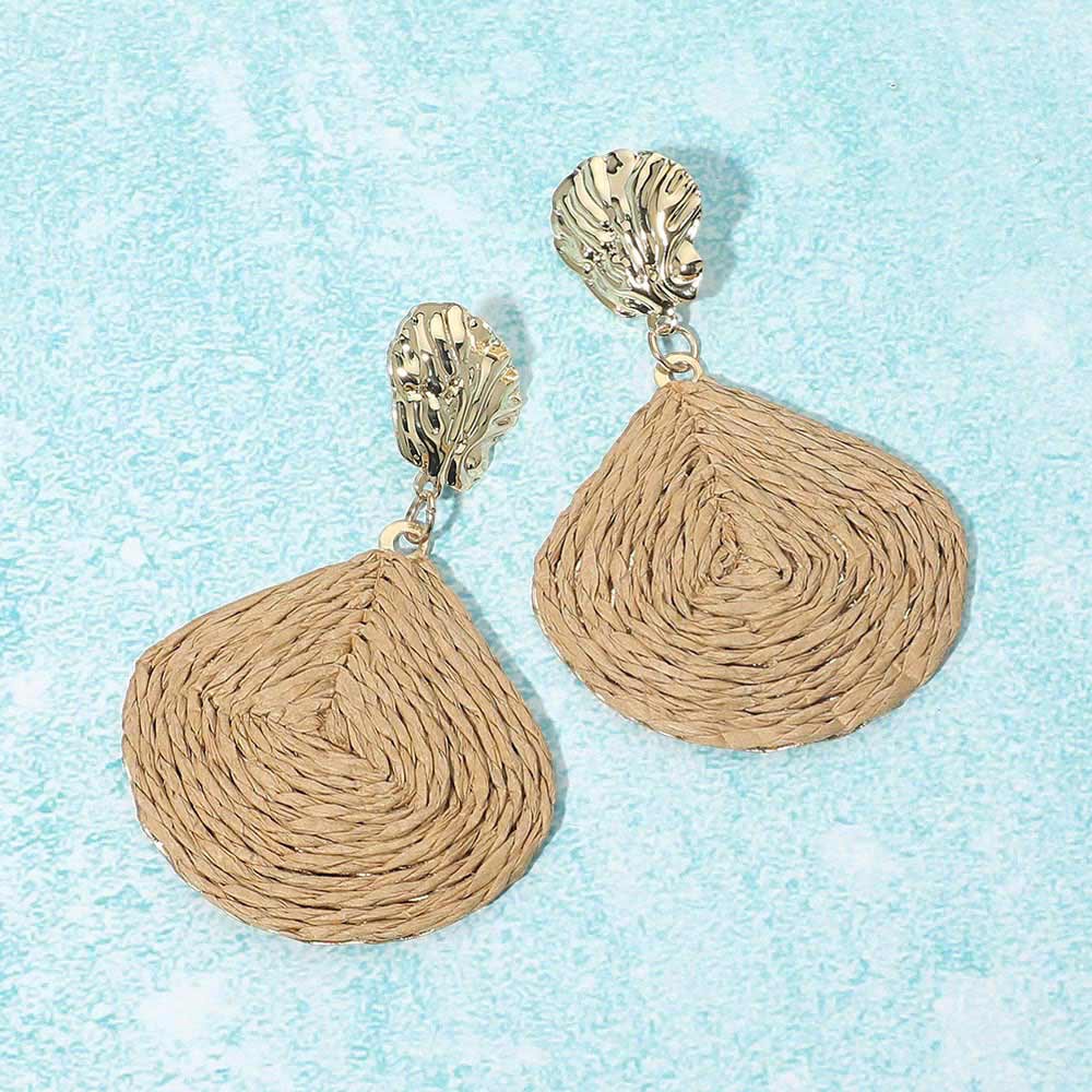 Raffia Wrapped Shell Drop Statement Earrings  Earrings