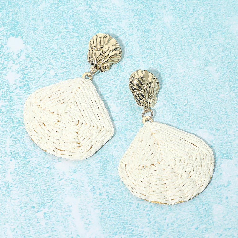 Raffia Wrapped Shell Drop Statement Earrings  Earrings