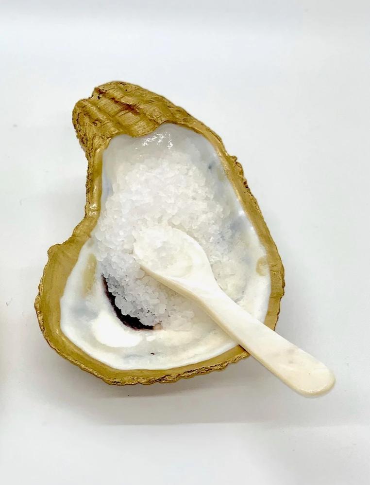 Oyster Shell Salt | Pepper | Caviar Dish with Mother of Pearl Mini Spoon  The Coastline - Nude Beach