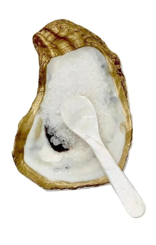 Oyster Shell Salt | Pepper | Caviar Dish with Mother of Pearl Mini Spoon  The Coastline - Nude Beach