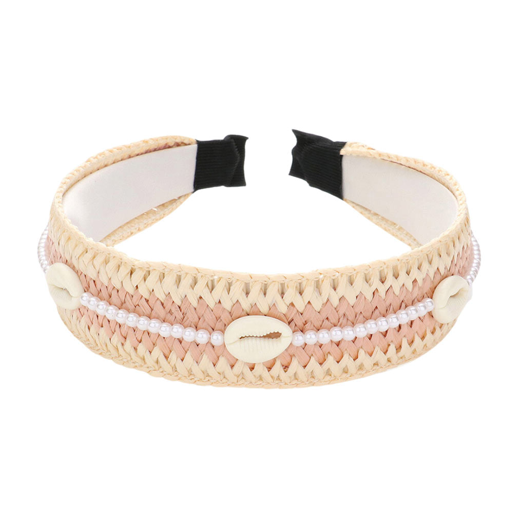 Pearl Puka Shell Embellished Woven Straw Headband  Headbands