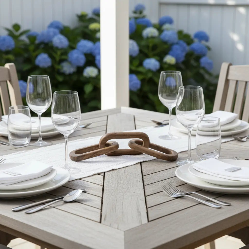 Carved mango wood chain-link accent decor sculpture by Loving Coastal Living on an outdoor dining table