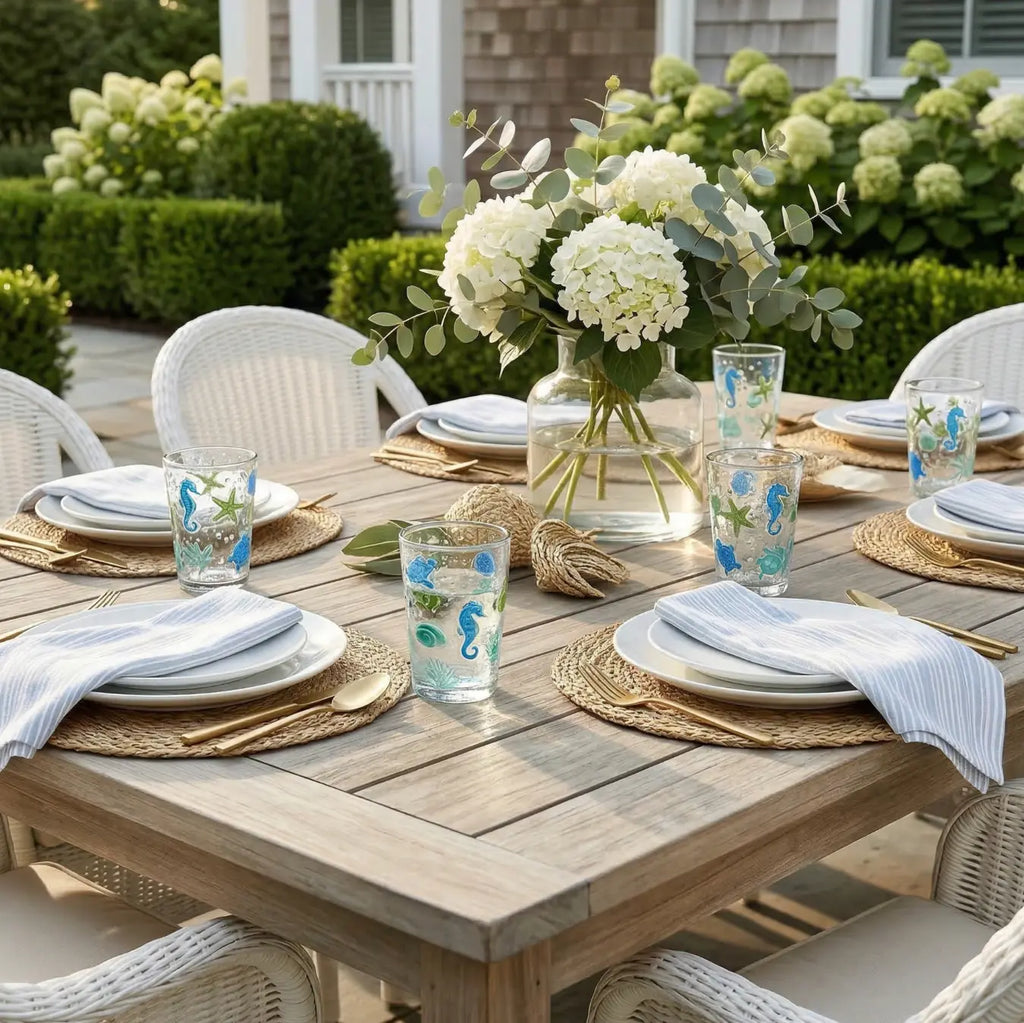 Ocean Creature Texutured Acrylic Glasses, set of 2, sea-life pattern with seahorses on an outdoor dining table.