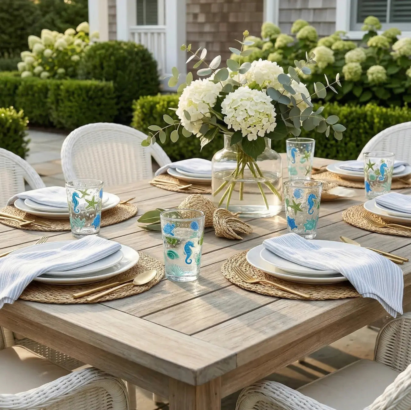 Ocean Creature Texutured Acrylic Glasses, set of 2, sea-life pattern with seahorses on an outdoor dining table.