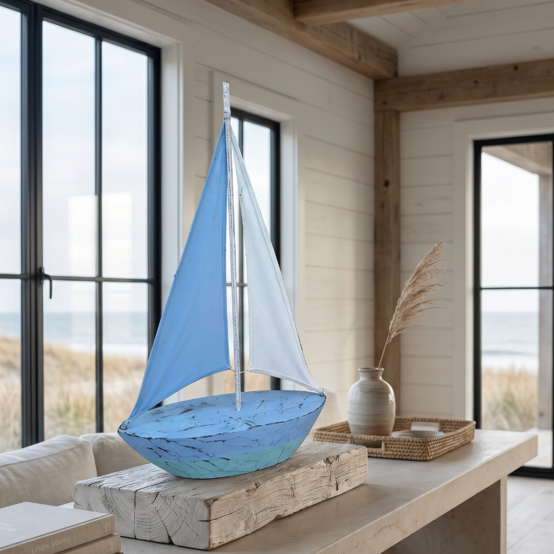 Blue & White Wooden Sailboat