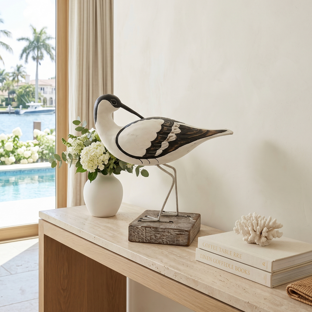 Wooden Avocet Bird Sculptures – 12-13” Coastal Shore Birds on Stands, Two Styles  Sculptures & Statues
