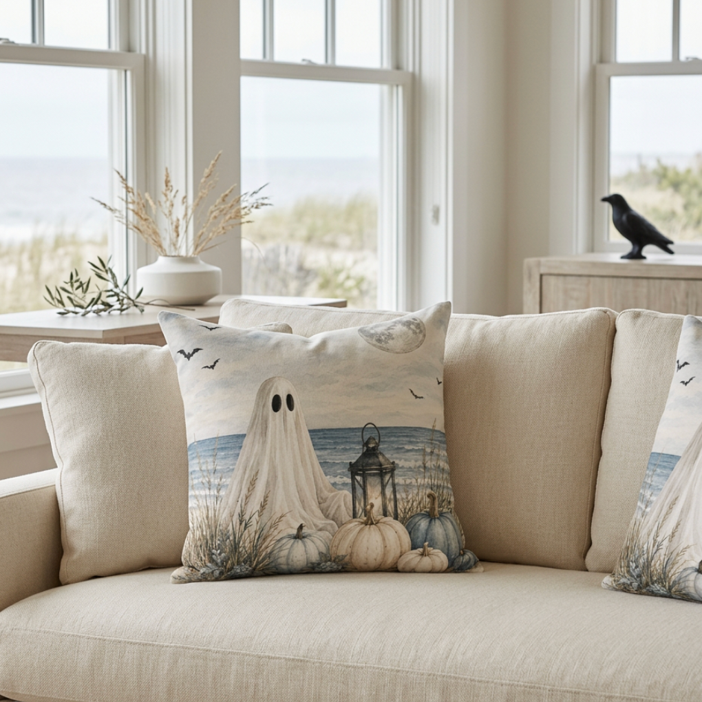 Coastal Ghost Pumpkin Pillow — Halloween Beach Decor Throw Pillow  Home Decor