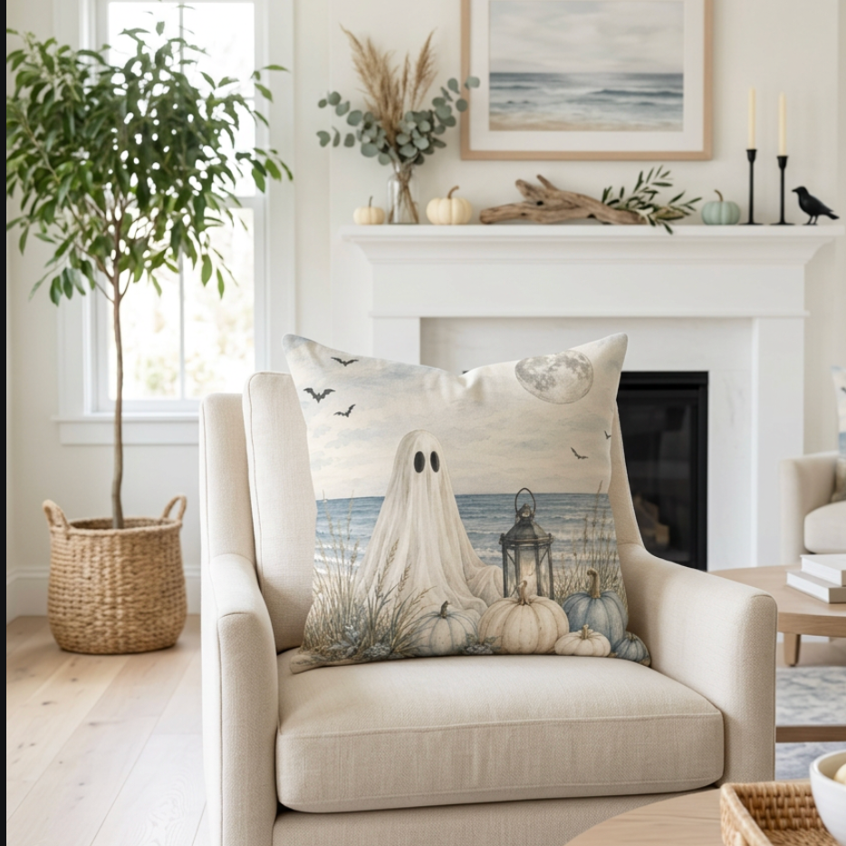 Coastal Ghost Pumpkin Pillow — Halloween Beach Decor Throw Pillow  Home Decor
