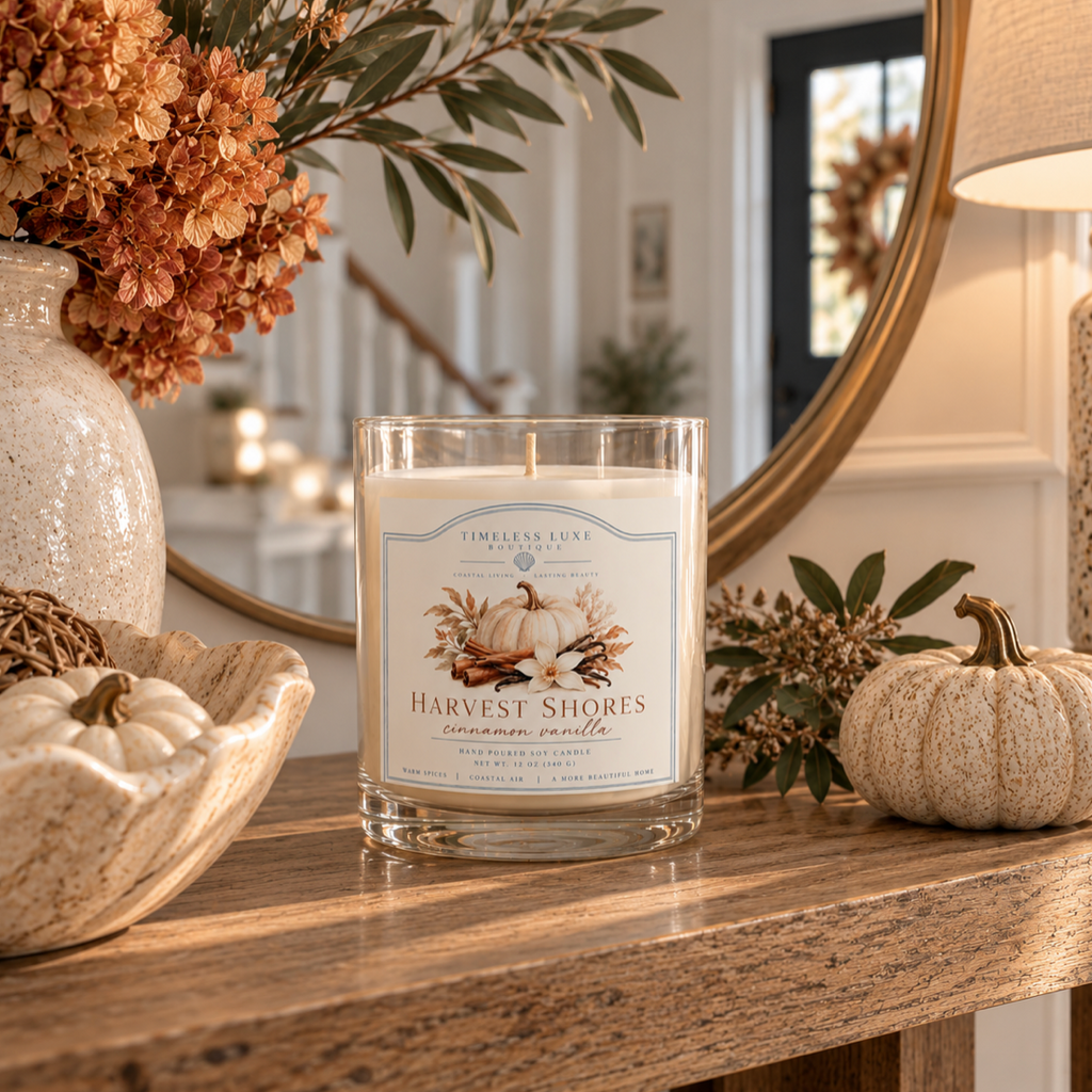 Harvest Shores Cinnamon Vanilla Glass Candle  Home Decor