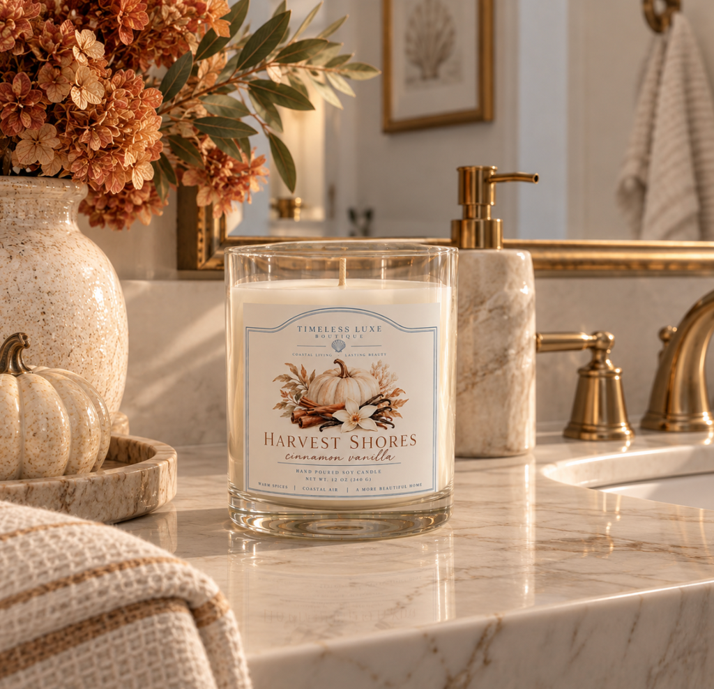 Harvest Shores Cinnamon Vanilla Glass Candle  Home Decor