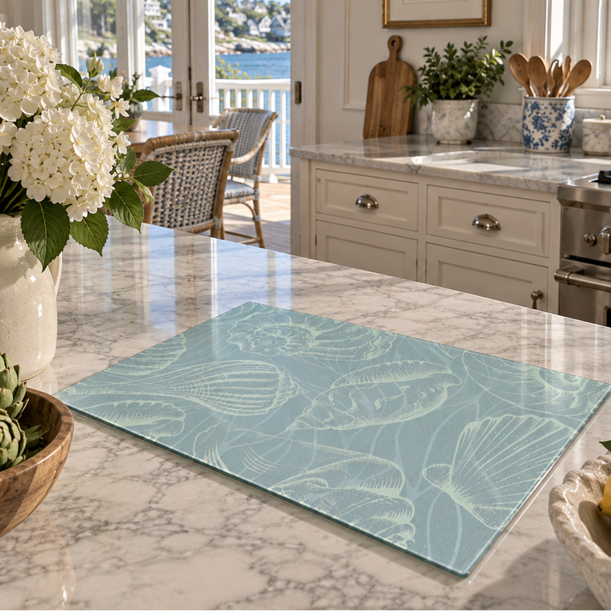 Coastal Seashell Glass Cutting Board  Home Decor