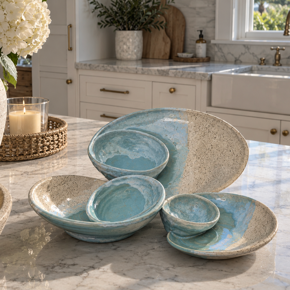 Handmade Coastal Swirly Serving Bowls  Pottery