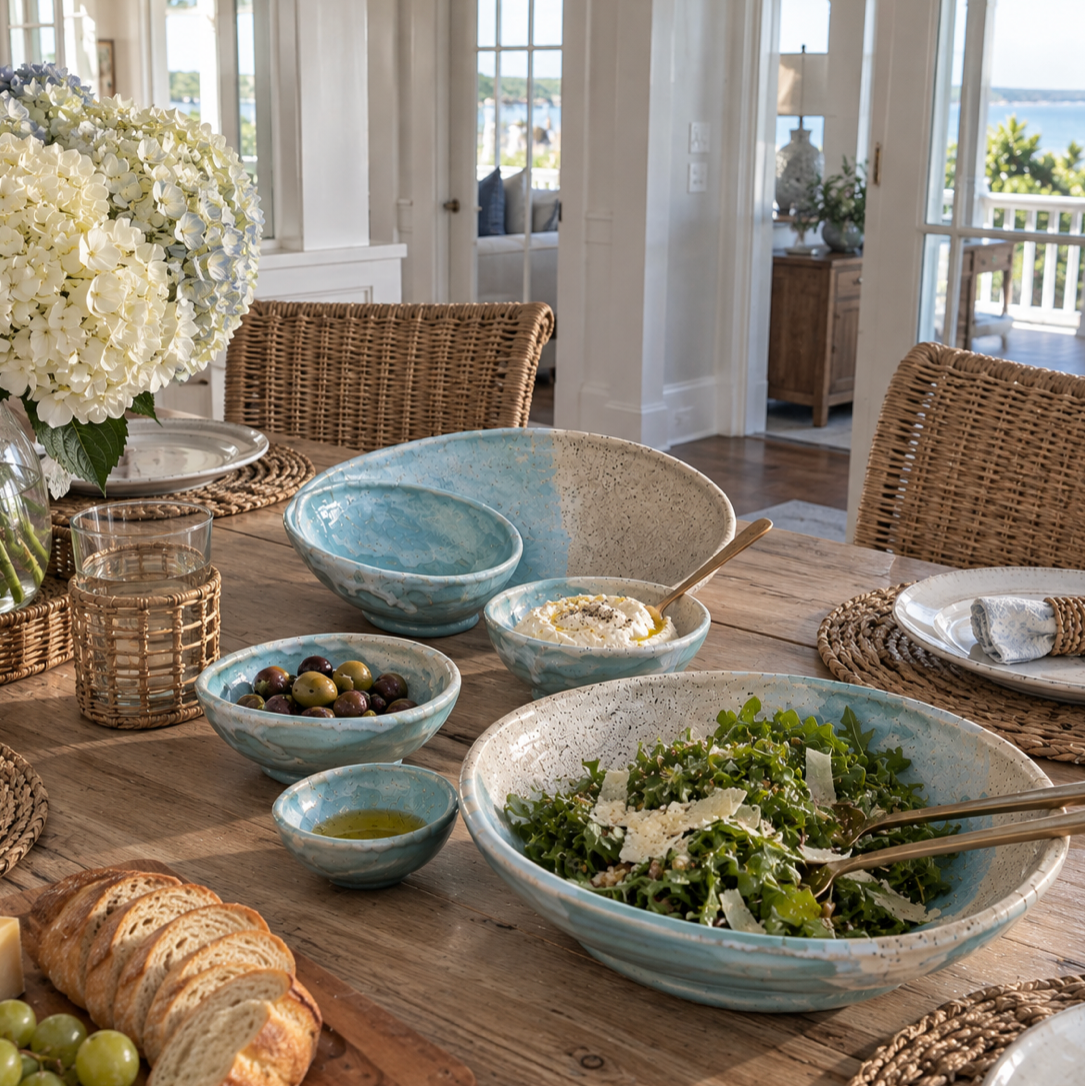 Handmade Coastal Swirly Serving Bowls  Pottery