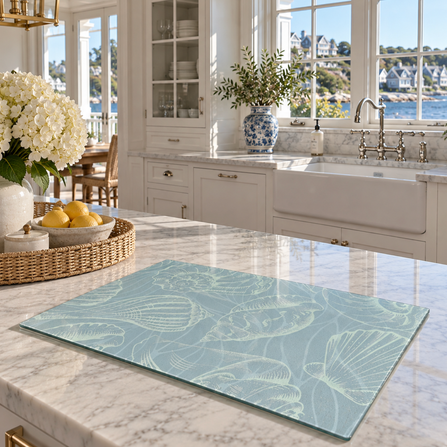 Coastal Seashell Glass Cutting Board  Home Decor