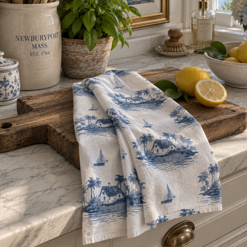 Blue Sailboat & Island Toile Kitchen Towel  Home Decor