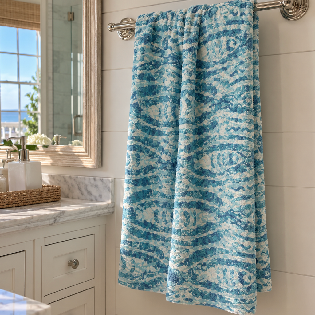 Turquoise Fish Pattern Cotton Bath Towel  Home Decor