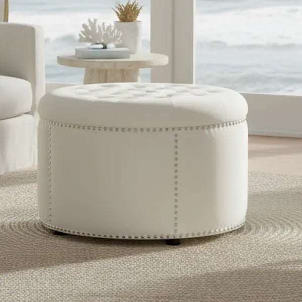 Cream Velvet Round Ottoman HouseOfZazla