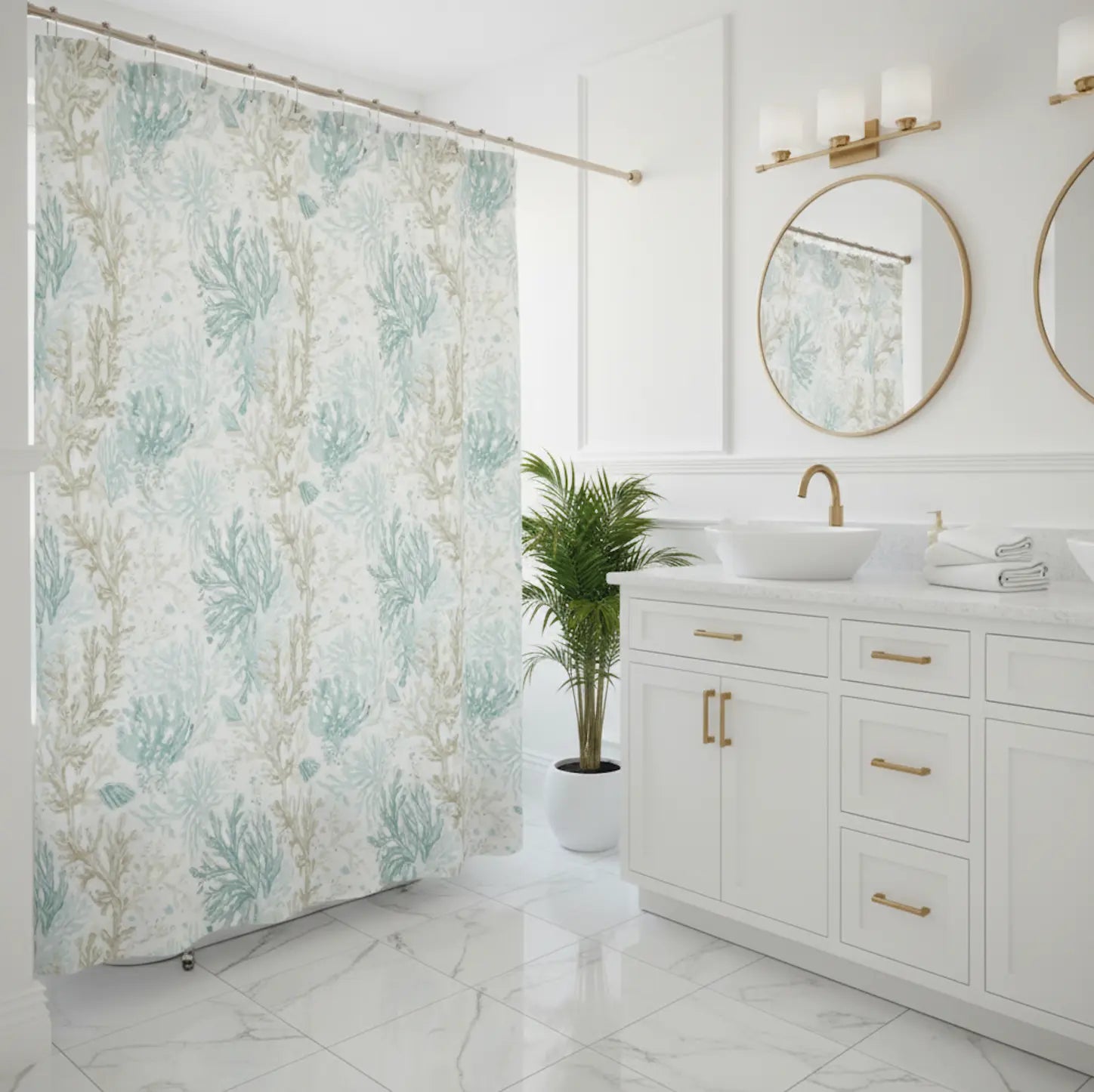 Light Aqua Coral Reef Shower Curtain with teal and sandy coral reef pattern in a white coastal bathroom.